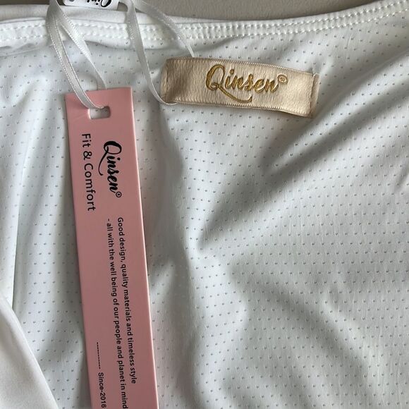 Qinsen Square Neck Bodice Tank Flare Dress White Size 10 NWT - Picture 6 of 11